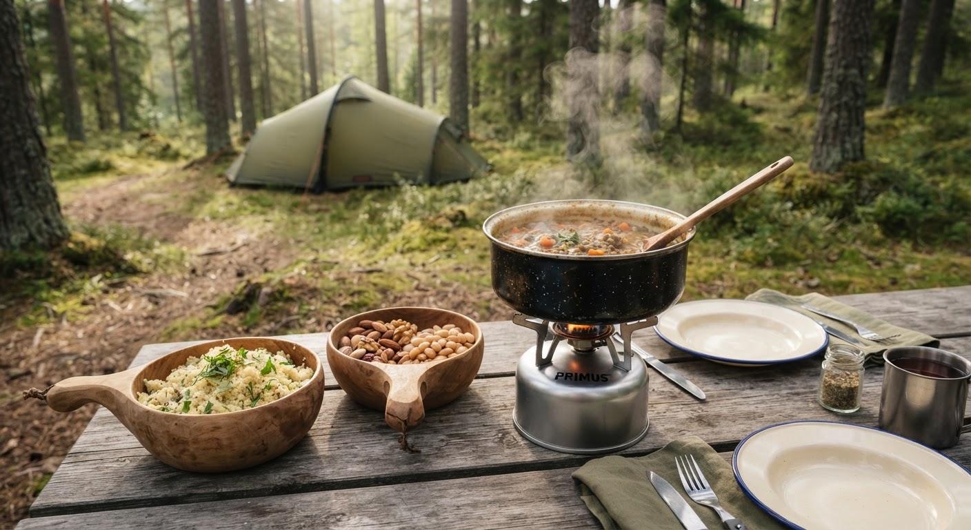 Kald turmat: 5 middager uten kjøleskap på tur og hytte Et bord dekket med turmat som kikerter på boks, pasta, nøtter, knekkebrød og tørket frukt for enkel tilberedning på hytte.