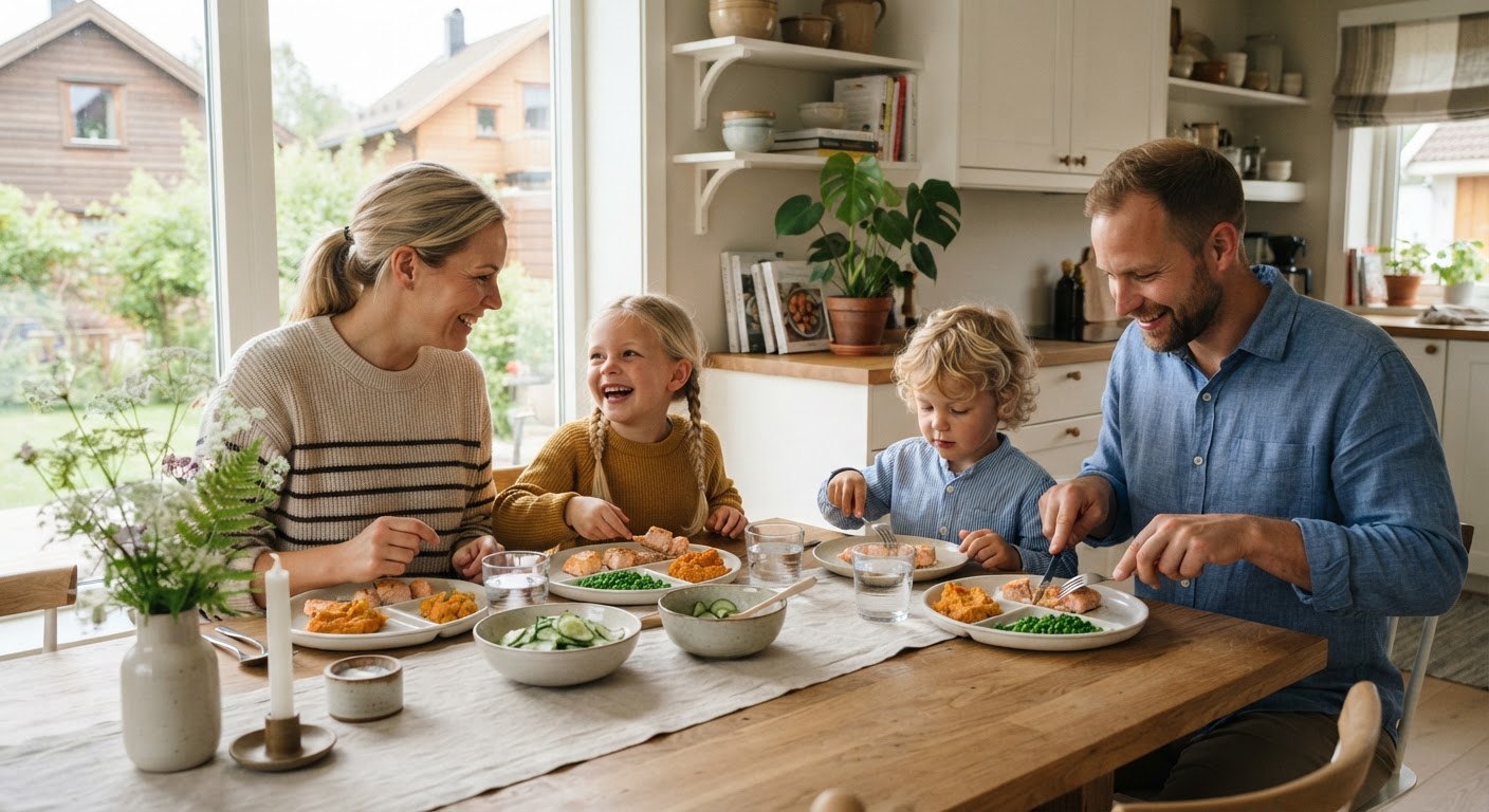 Barnevennlig ukemeny for familie Et oversiktsbilde av et spisebord med fem ulike barnevennlige middagsretter servert i små skåler til en småbarnsfamilie.
