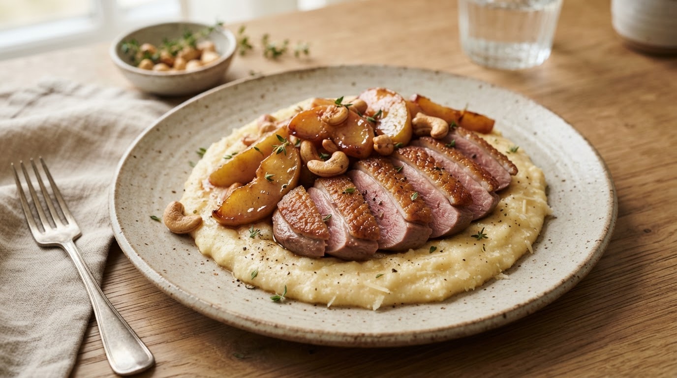 Andebryst med kremet polenta, karamelliserte epler og cashewnøtter – illustrasjonsbilde