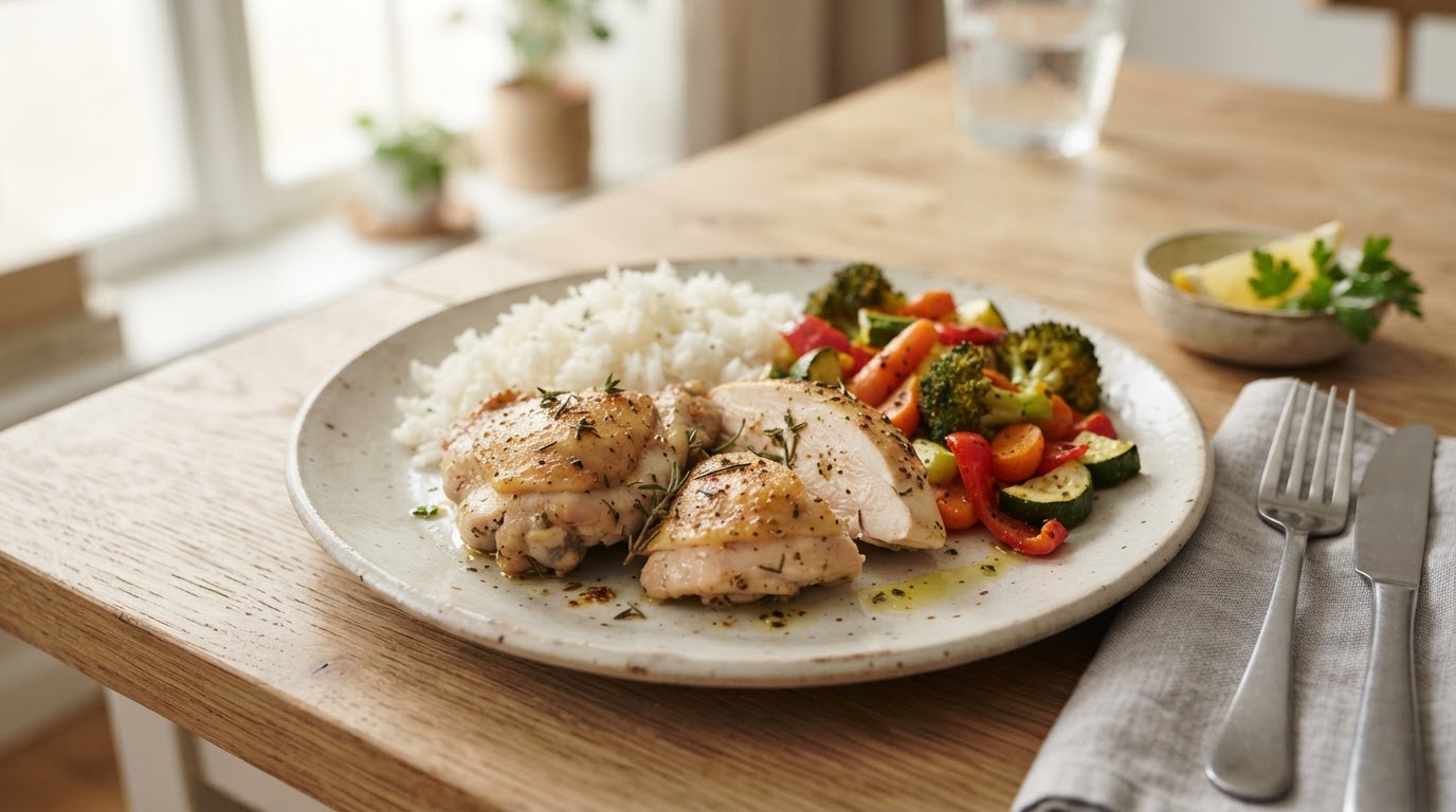 Rask frokostpanne med nypoteter, kyllingpølse og speilegg – illustrasjonsbilde