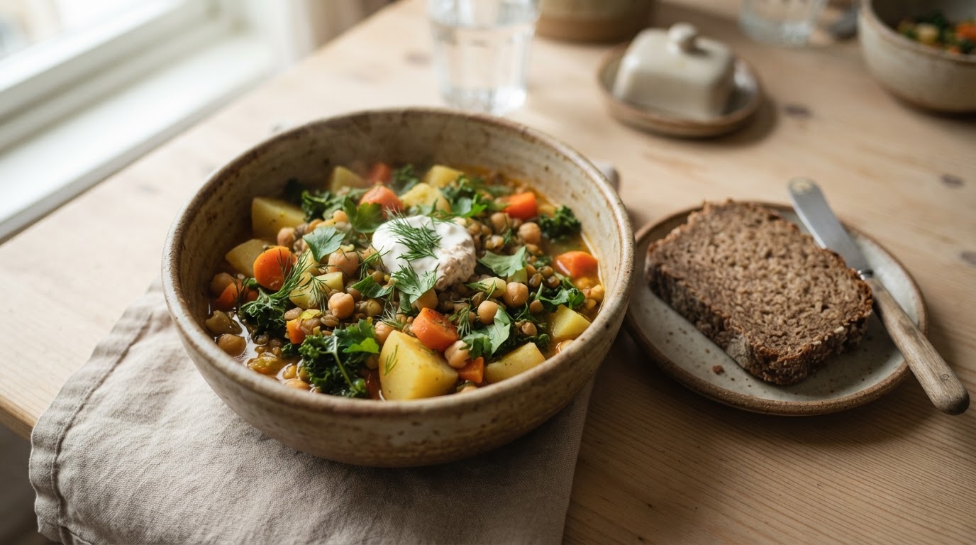 Kremet linsesuppe med søtpotet, edamamebønner og grovt brød – slik ser retten ut