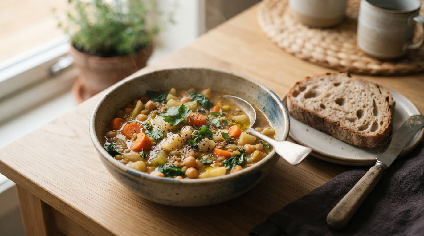 Kremet linsegryte med sprøstekt halloumi og nypoteter – illustrasjonsbilde