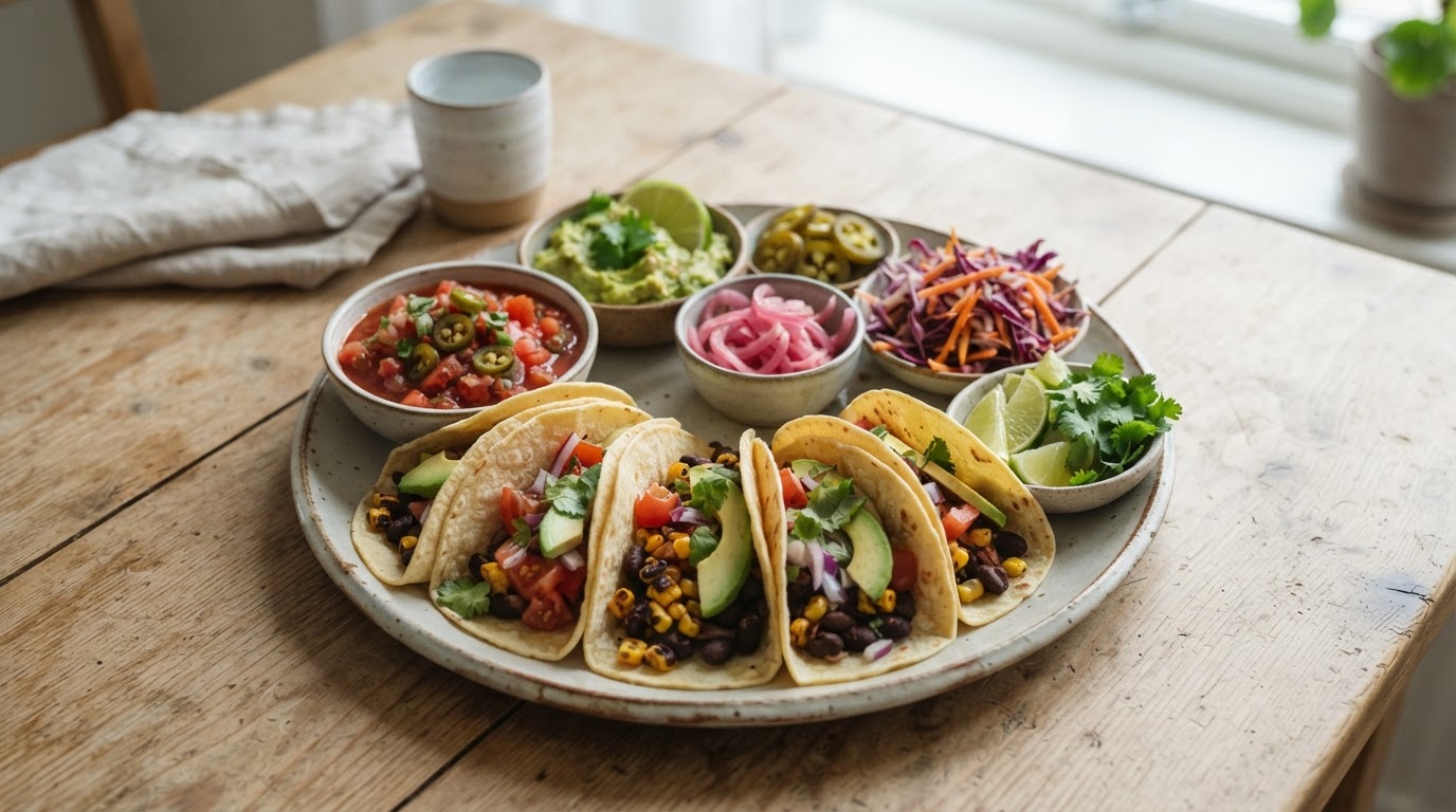 Vegetarisk tacogryte med bønner, blomkålris og avokado – illustrasjonsbilde
