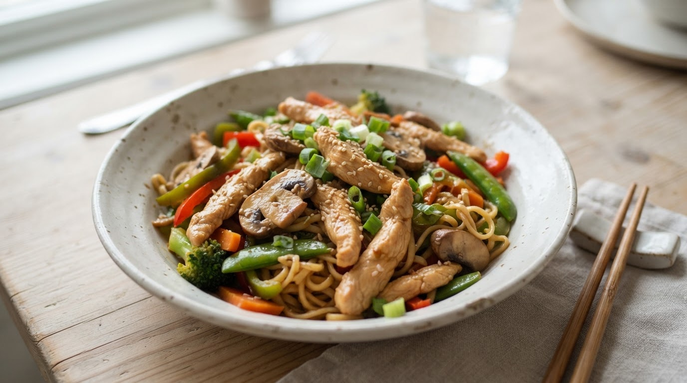 Asiatisk kyllingwok med eggnudler og fersk sopp – slik ser retten ut