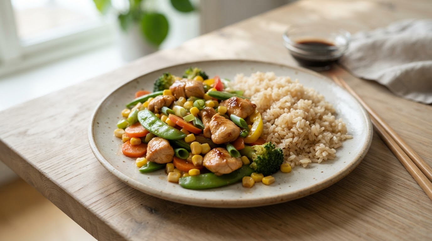 Asiatisk kyllingwok med fersk mais, sukkererter og fullkornsris – illustrasjonsbilde