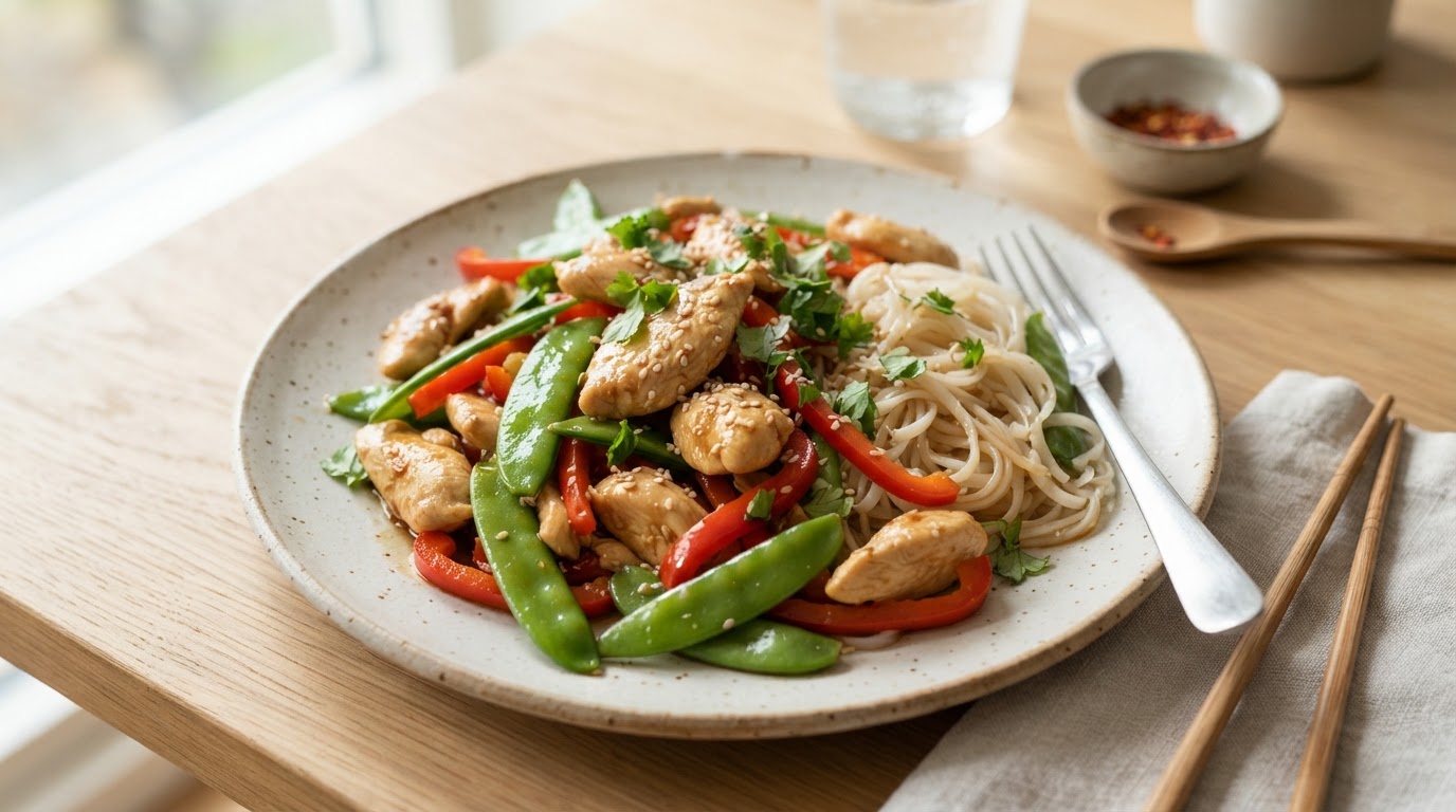 Asiatisk kyllingwok med ferske sukkererter og glutenfrie rismiddagsnudler – illustrasjonsbilde