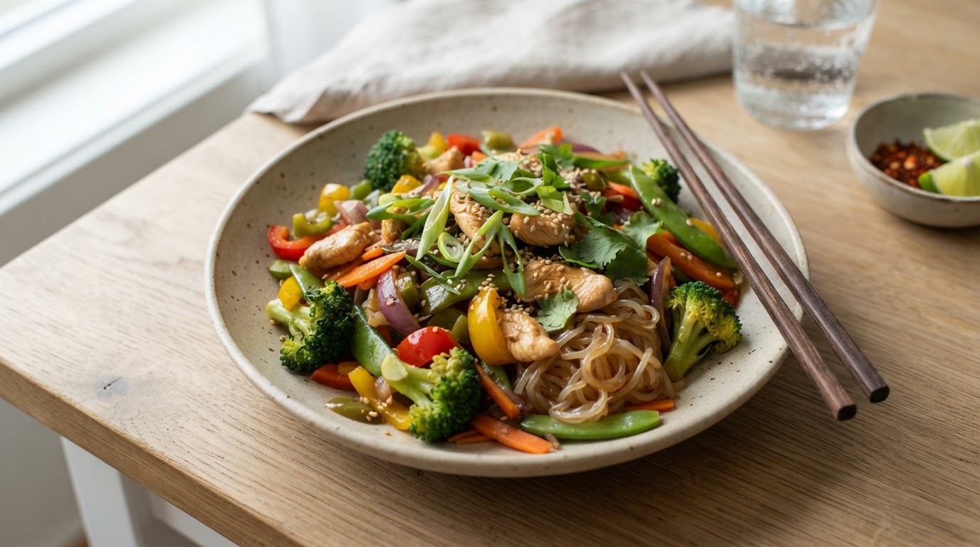 Asiatisk kyllingwok med glutenfrie lavkarbonudler og sprø grønnsaker – illustrasjonsbilde