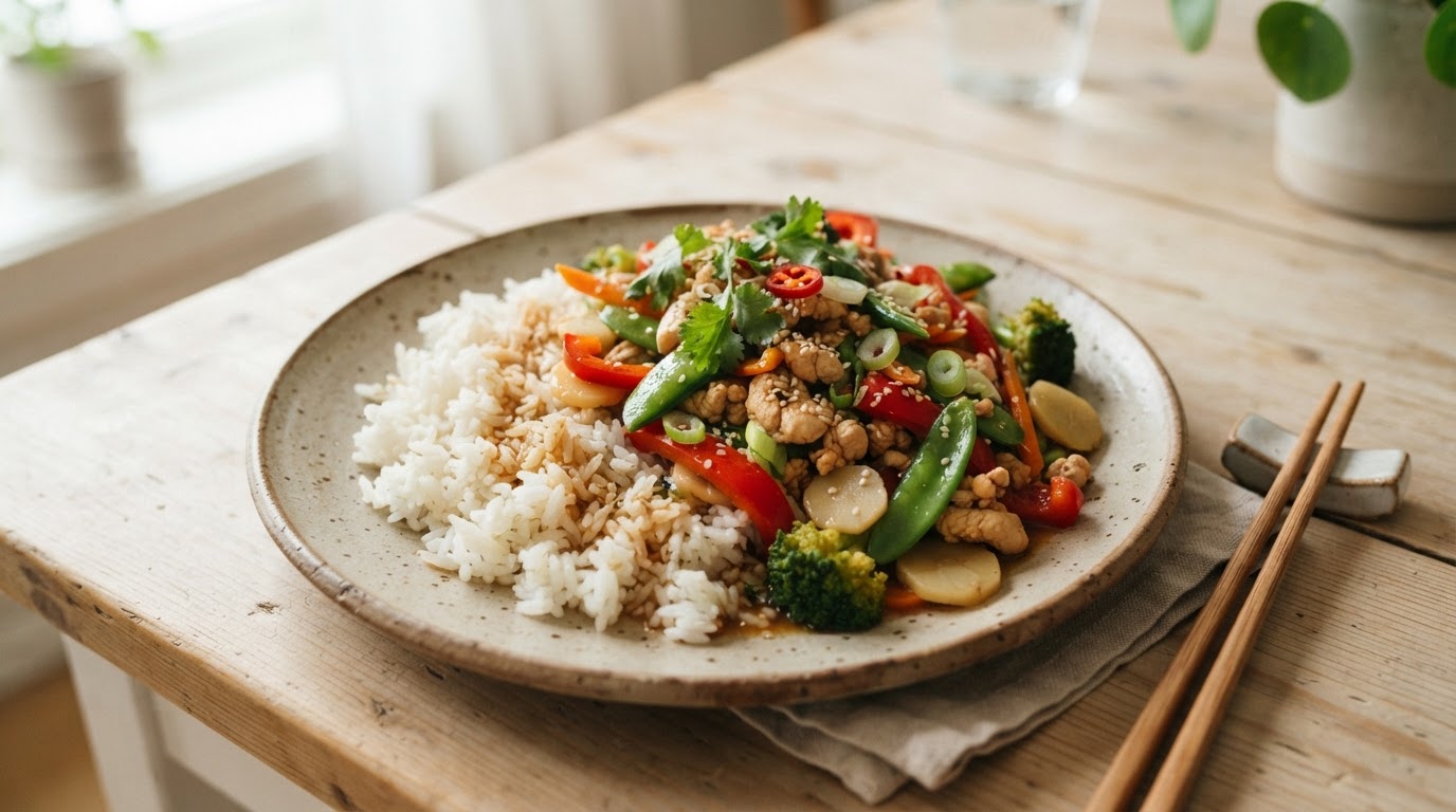 Asiatisk kyllingwok med sprø grønnsaker og ris – slik ser retten ut