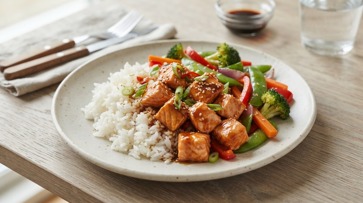 Asiatisk laksepanne med teriyaki, sprø grønnsaker og jasminris – slik ser retten ut