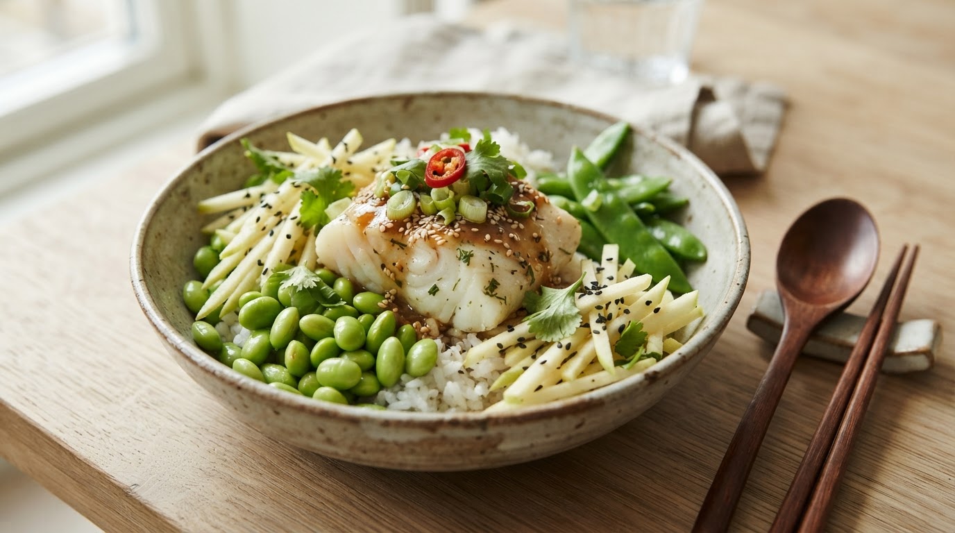 Asiatisk lunsjskål med posjert torsk, edamame og sprøtt eple – illustrasjonsbilde