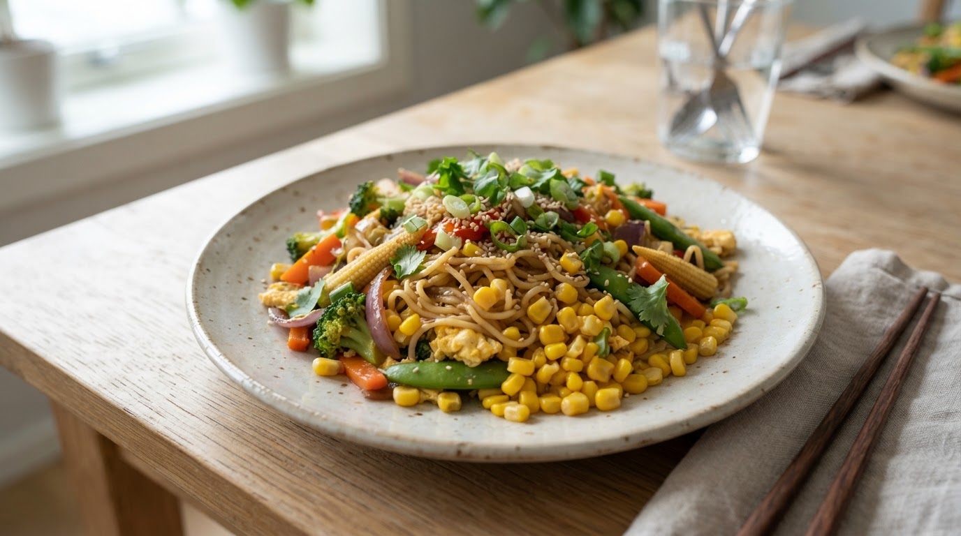 Asiatisk restewok med eggnudler og augustmais