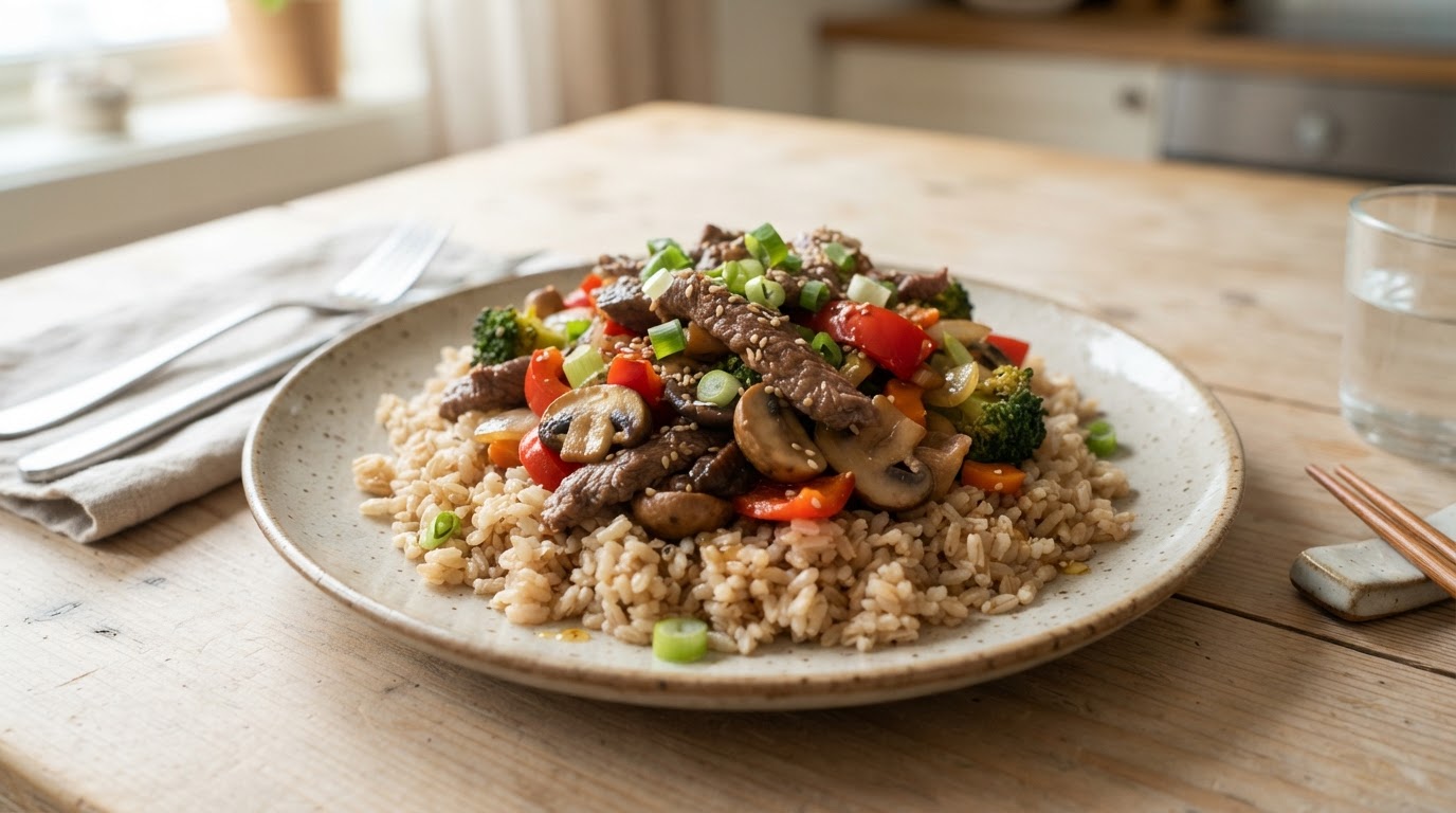 Asiatisk storfepanne med fersk sopp, paprika og fullkornsris – slik ser retten ut