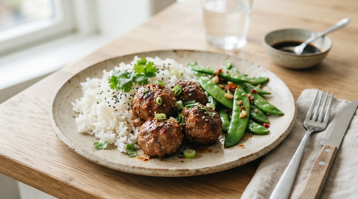 Asiatiske kjøttboller av storfe med ris og sprø sukkererter – slik ser retten ut