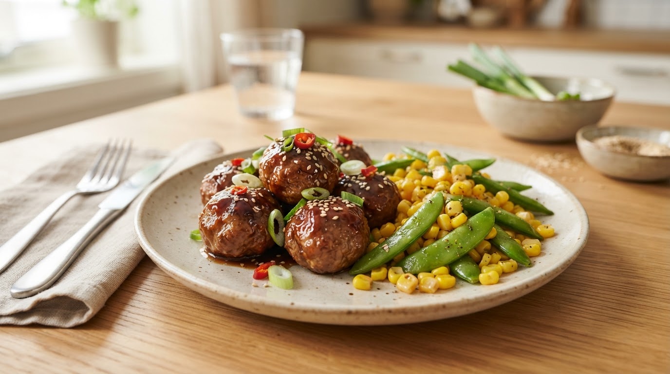 Asiatiske teriyakikjøttkaker med fersk mais og sukkererter – illustrasjonsbilde