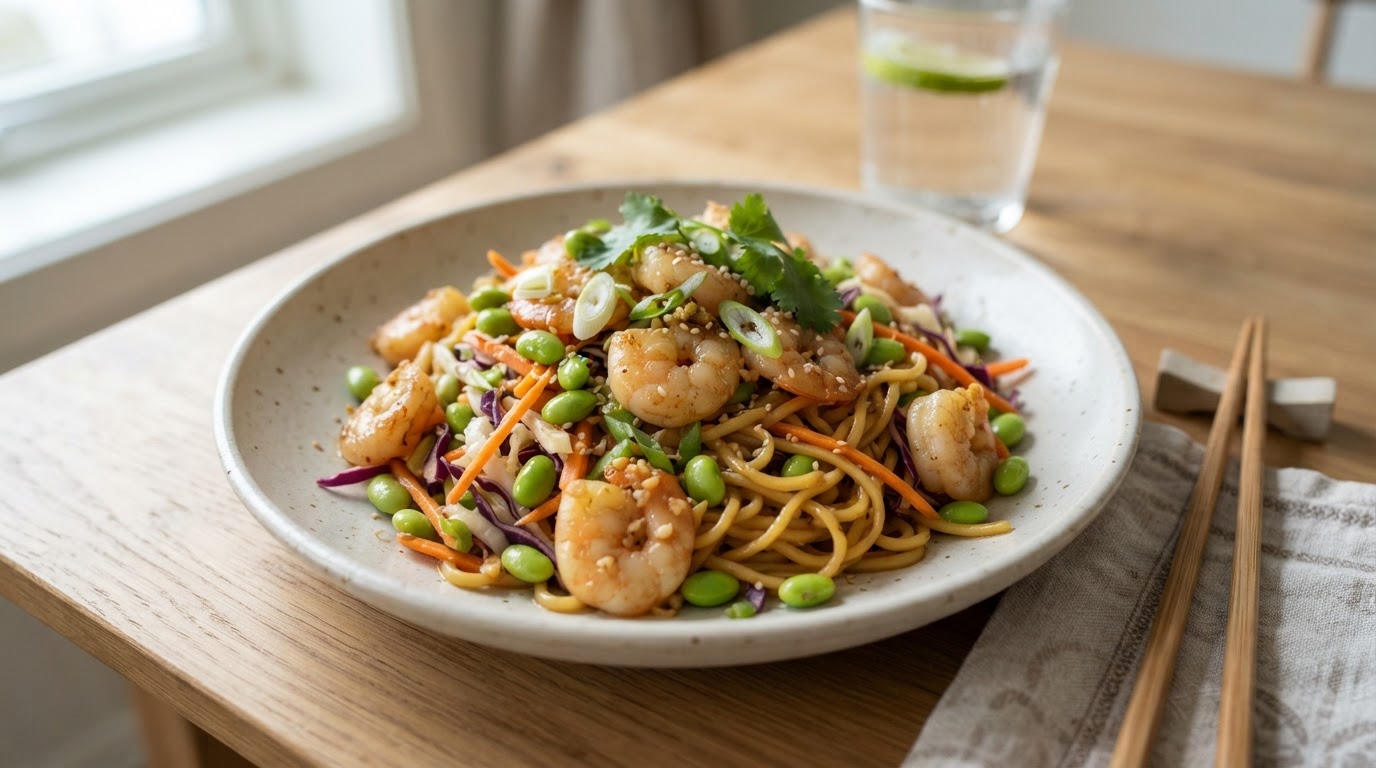 Asiatiske woknudler med hvitløksstekt scampi og edamamebønner – slik ser retten ut