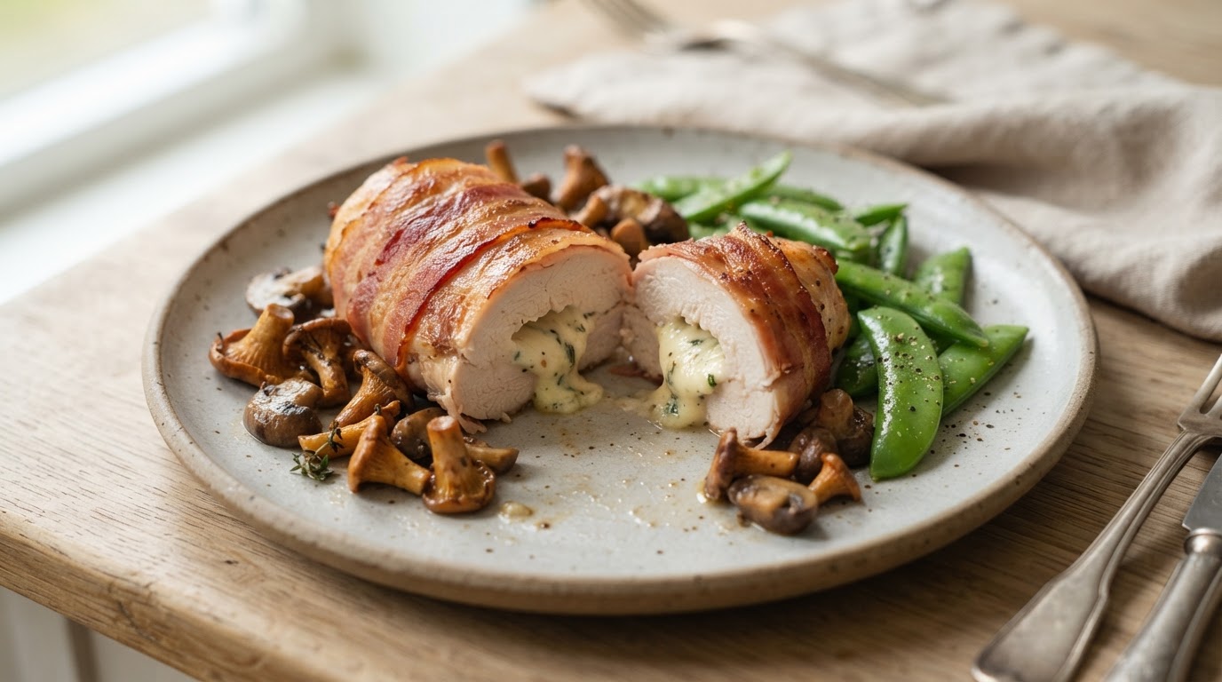 Baconviklet kyllingbryst fylt med kremost, serveres med smørstekt sopp og sukkererter – slik ser retten ut