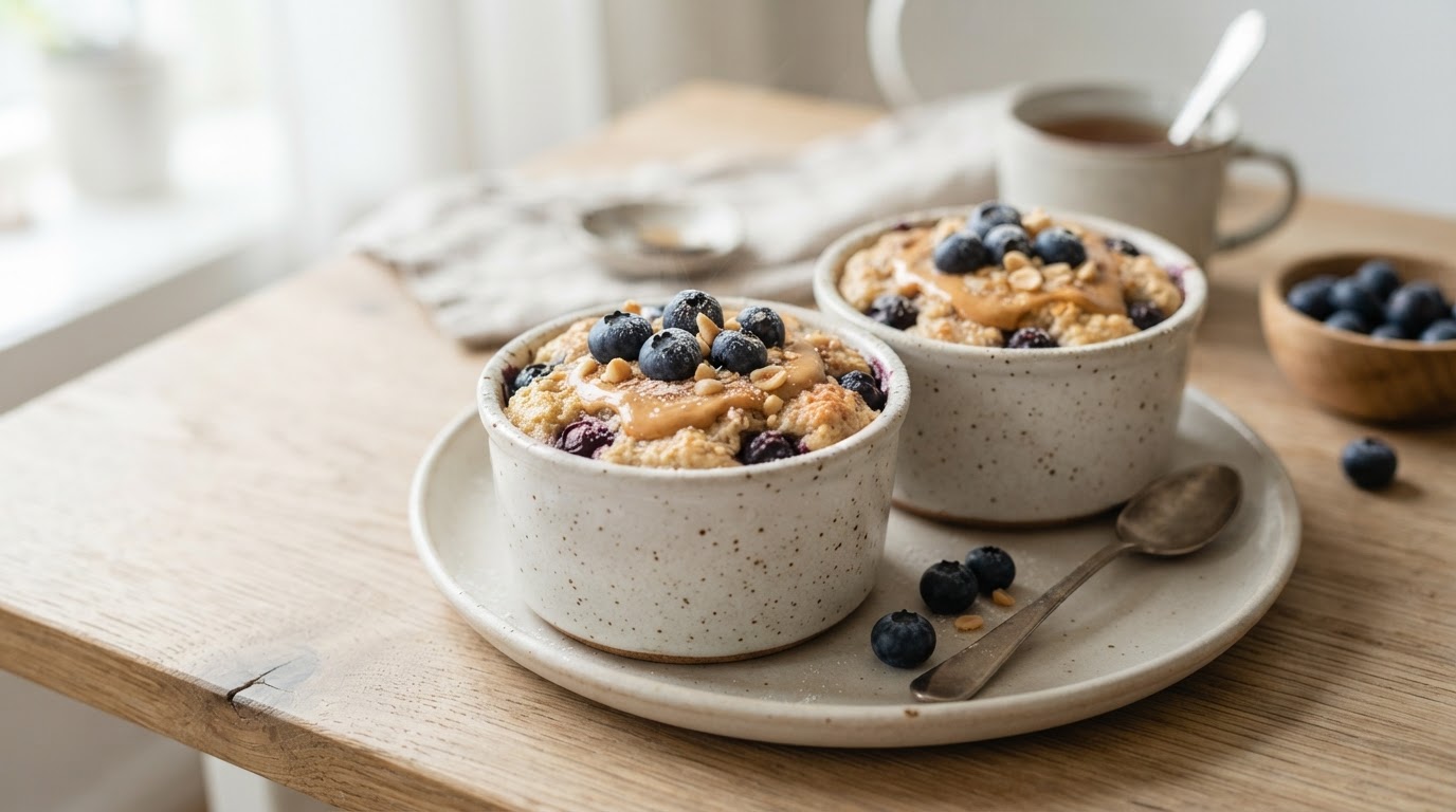 Baked oats med blåbær og peanøttsmør – illustrasjonsbilde