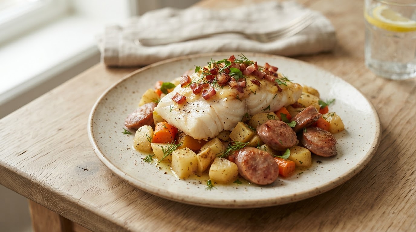 Bakt kveite med lun rotfruktpanne og sprøtt baconsmør – illustrasjonsbilde