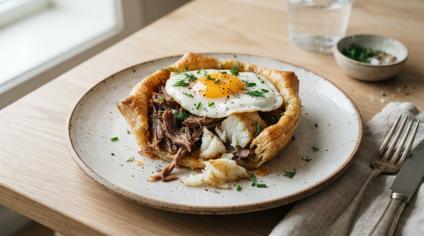Bakte påsketerter med lam, lettrøkt torsk og egg – slik ser retten ut