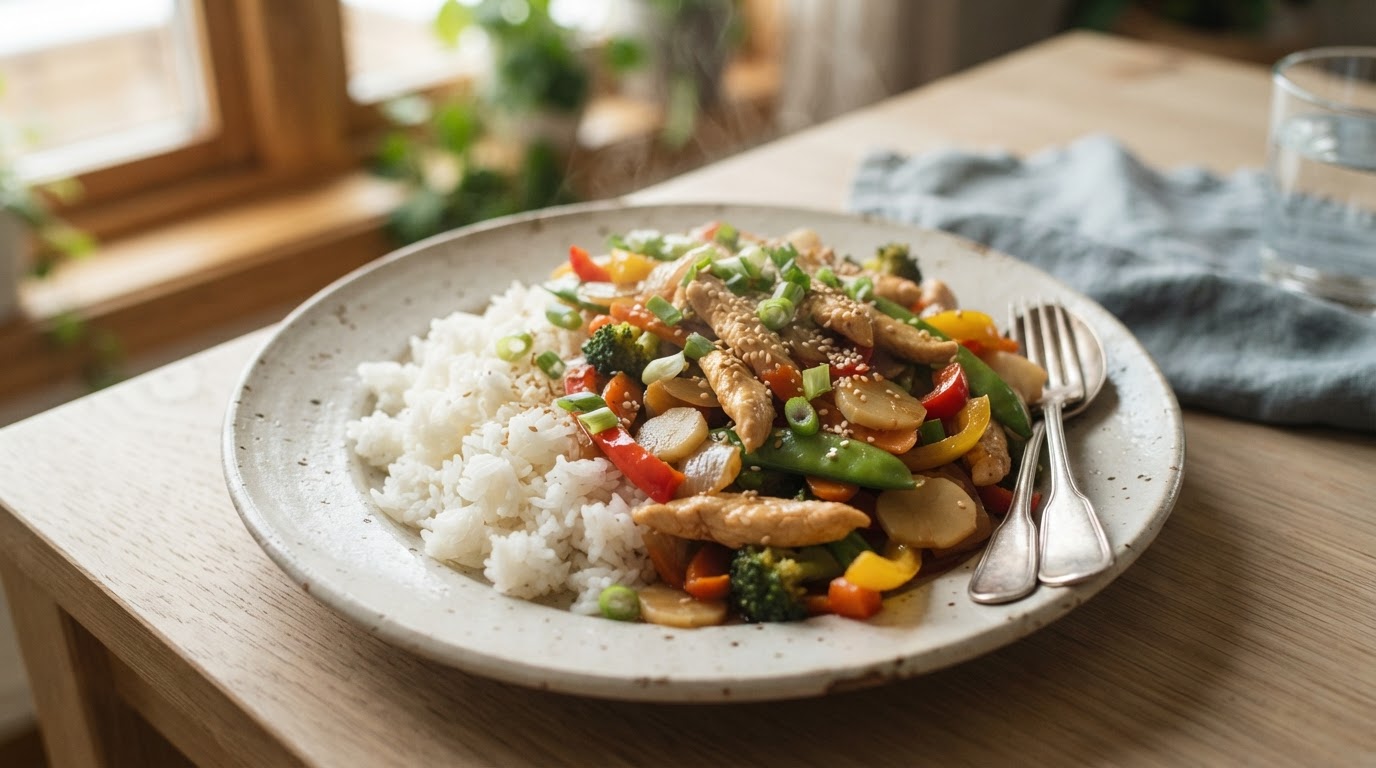 Barnevennlig kyllingwok med glutenfri soyasaus og ris – illustrasjonsbilde