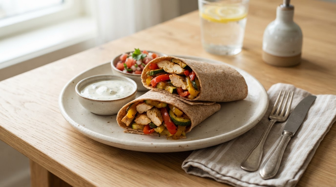 Barnevennlige kyllingwraps med milde grønnsaker – illustrasjonsbilde