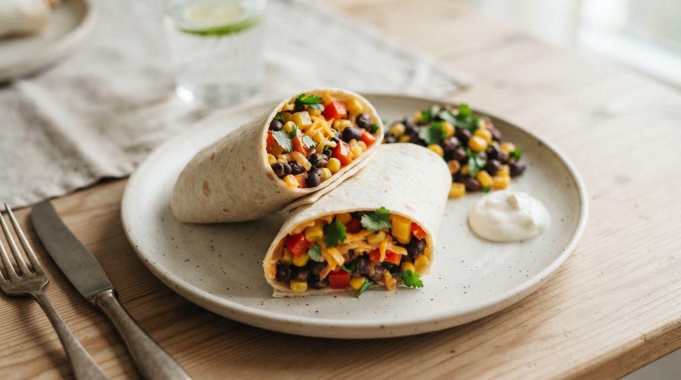 Barnevennlige Vegetarwraps med Bønner og Mais – illustrasjonsbilde