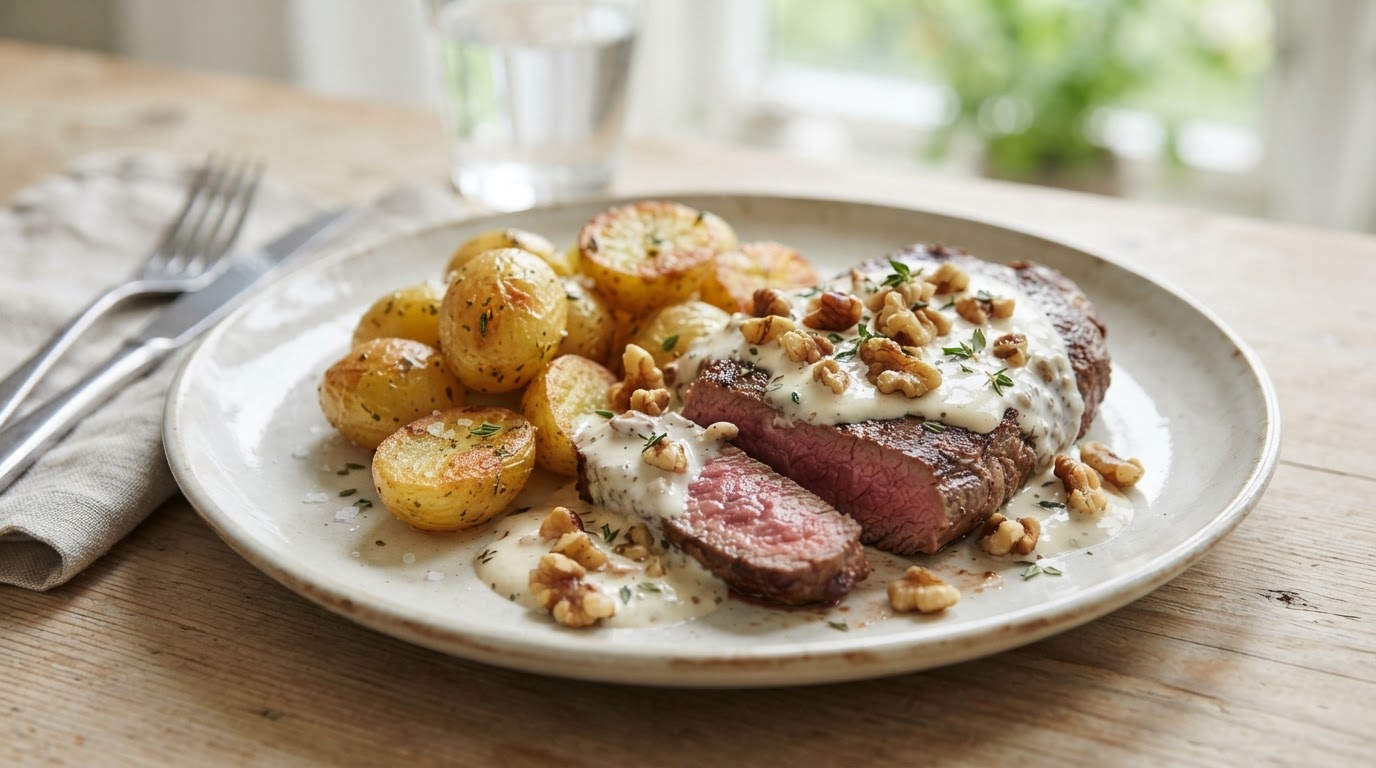 Biff med smørstekte nypoteter, kremet chèvresaus og valnøtter – illustrasjonsbilde