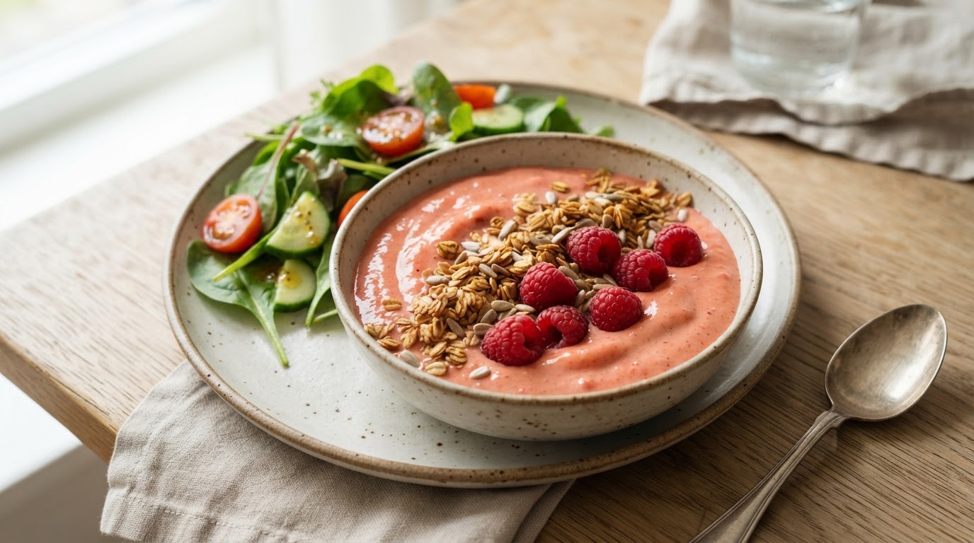 Bringebær- og gulrotsmoothiebowl med gresk yoghurt – illustrasjonsbilde