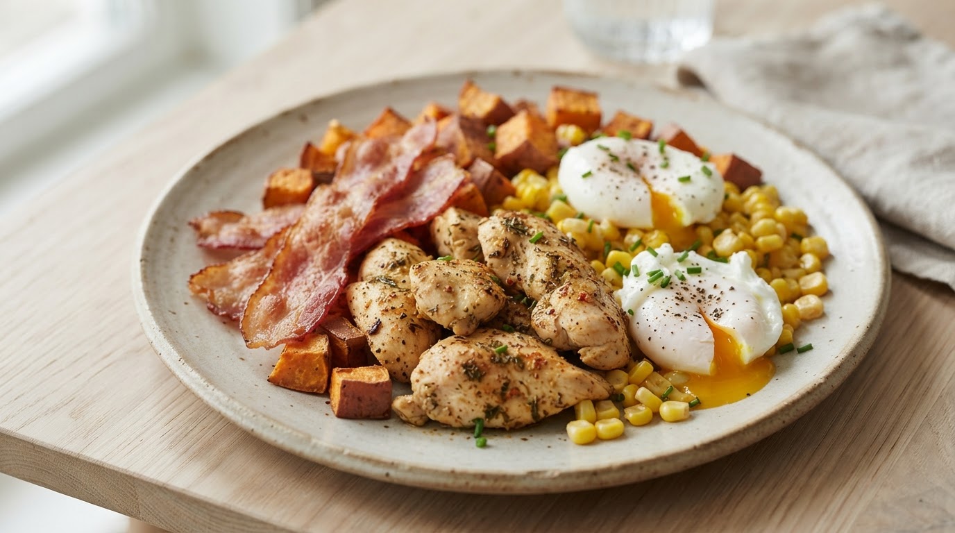 Brødfri frokostpanne med kalkunbacon, søtpotet og dampede egg – slik ser retten ut