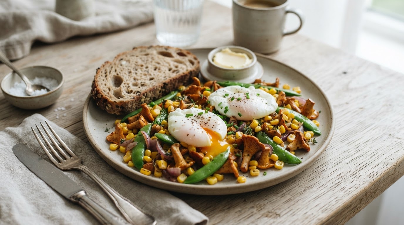 Brødfri frokostpanne med kantarell, fersk mais og dampede egg – illustrasjonsbilde