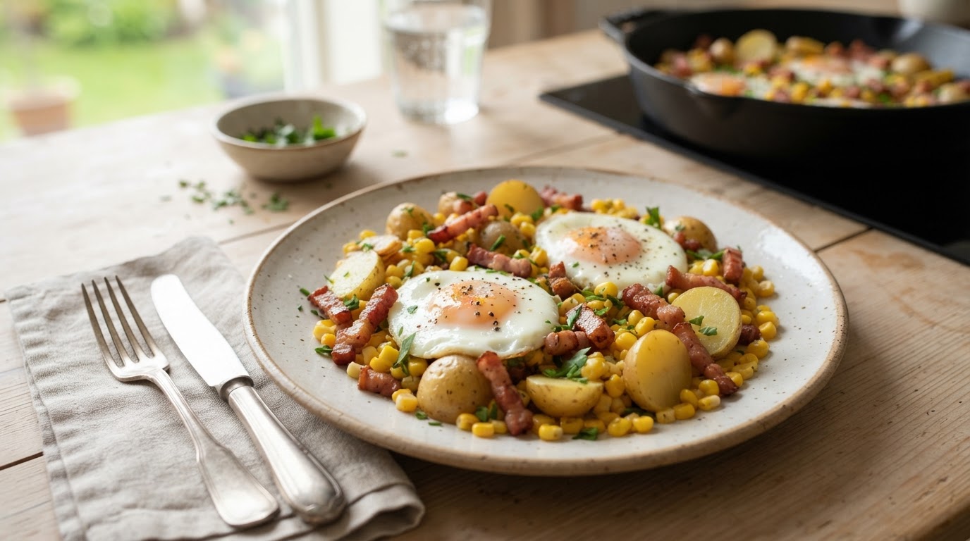 Brødfri frokostpanne med nypoteter, fersk mais og speilegg – illustrasjonsbilde