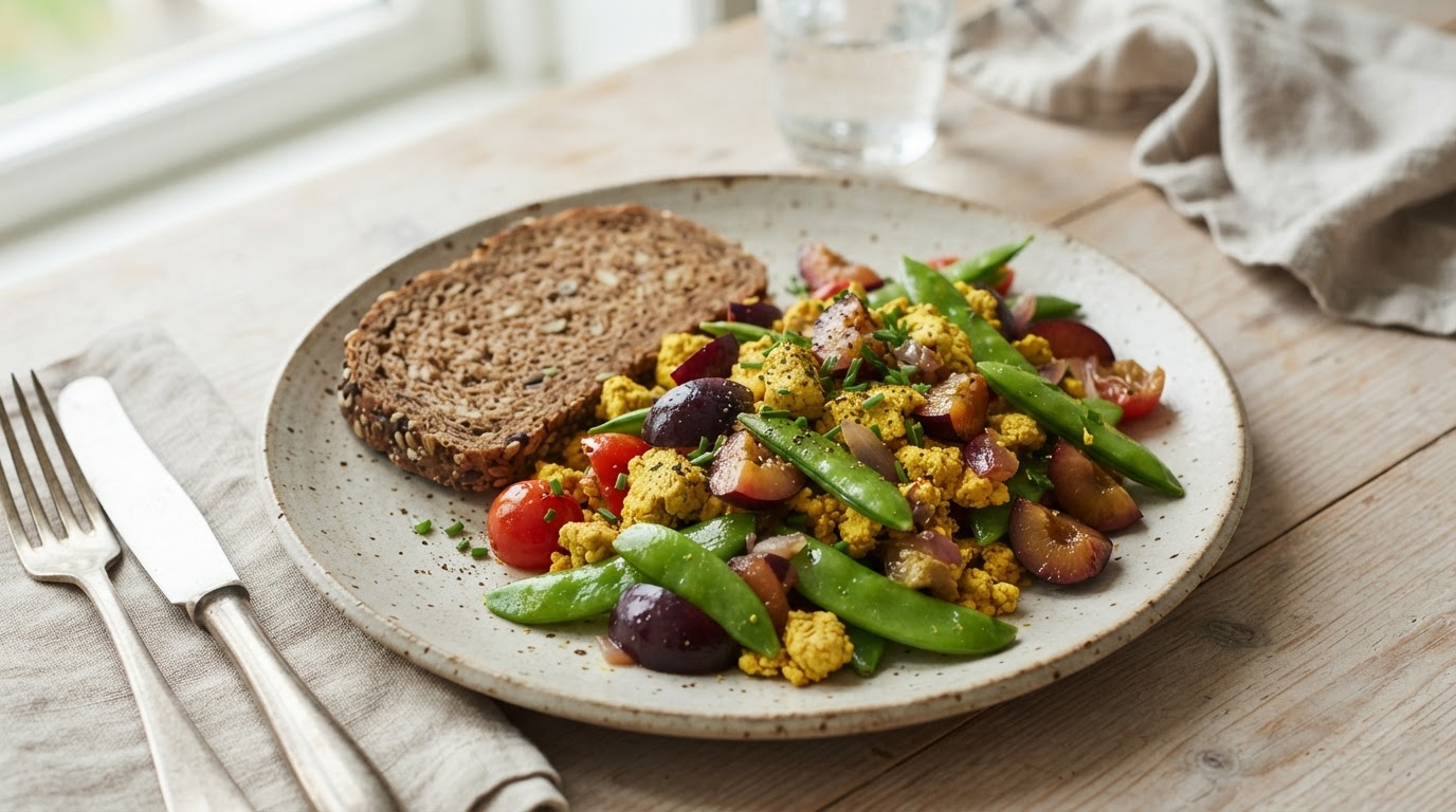 Brødfri frokostskrambel med tofu, sukkererter og norske plommer – illustrasjonsbilde