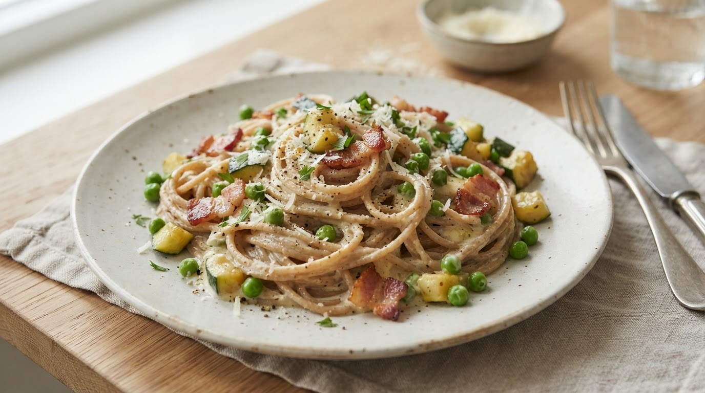 Carbonara på grov fullkornspasta med ekstra grønnsaker – illustrasjonsbilde