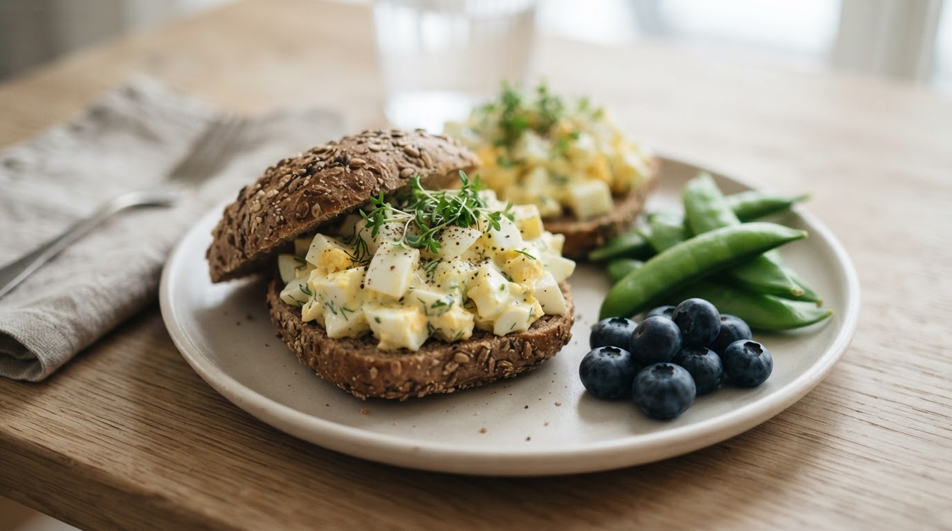 Eggesalat på grove rundstykker med sukkererter og blåbær – illustrasjonsbilde