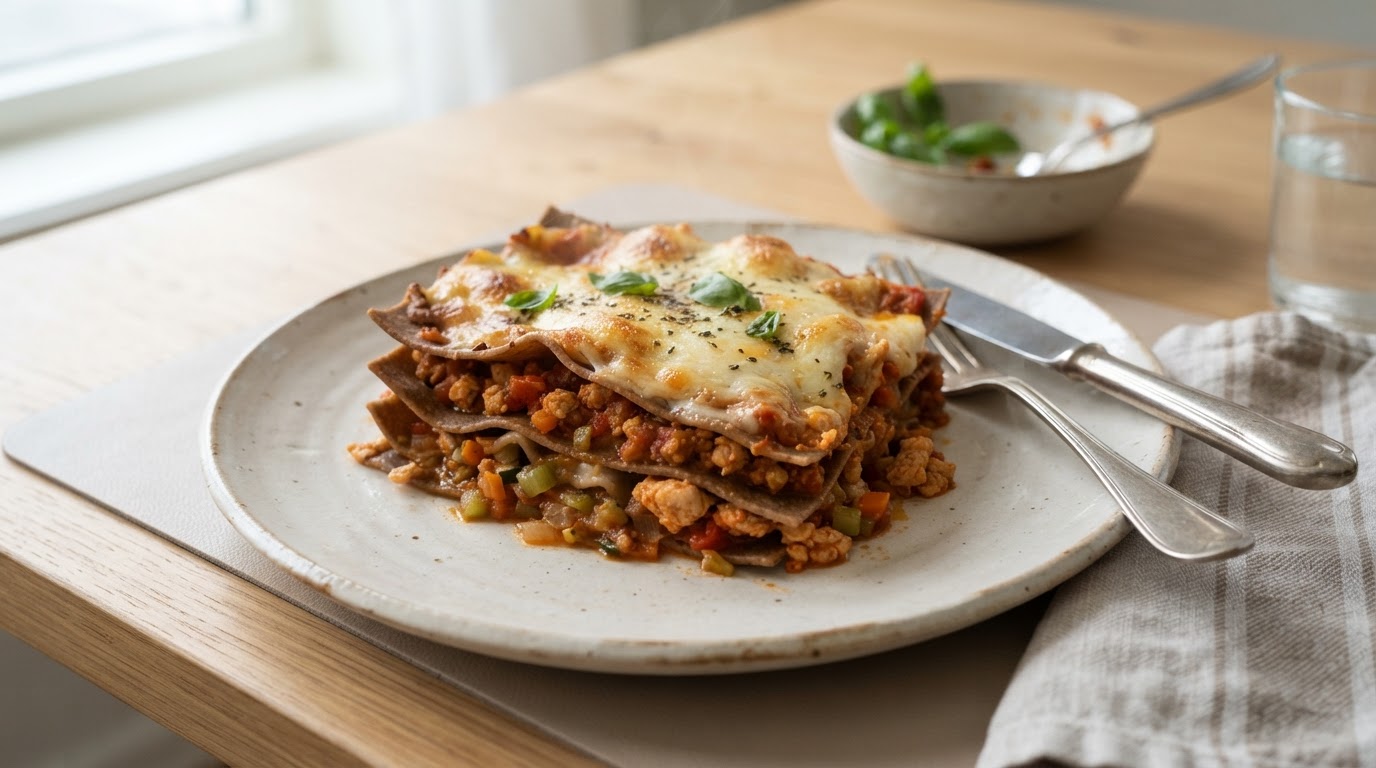 Ekstra grønnsaksrik og mager kyllinglasagne – illustrasjonsbilde