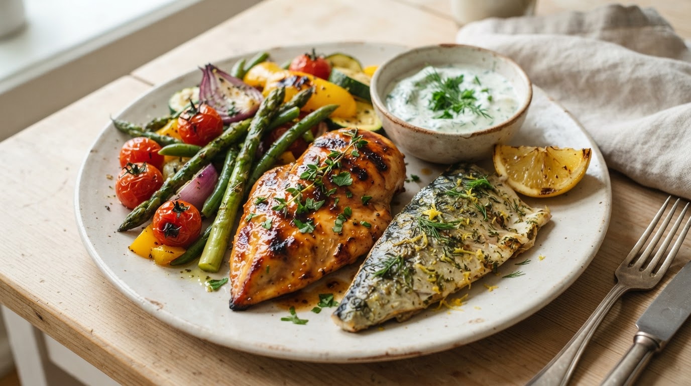 Familiegrill med glassert kylling, makrell og ferske augustgrønnsaker – slik ser retten ut
