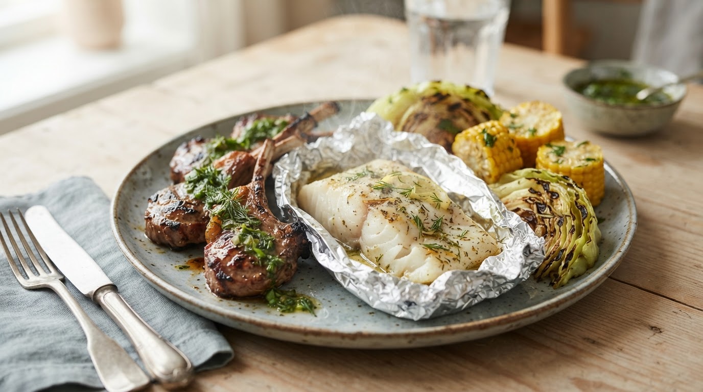 Familiegrill med honningglasert lam, milde torskepakker og augustmais – slik ser retten ut