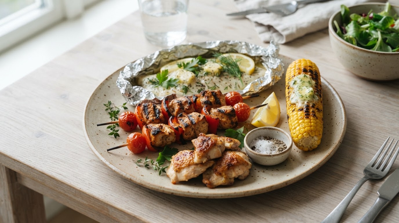 Familiegrill med kalkunspyd, foliebakt lyr og augustmais – slik ser retten ut