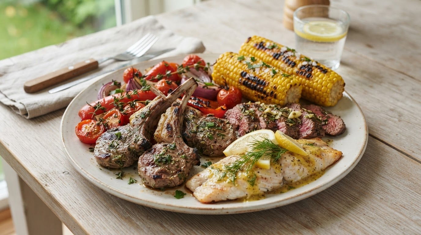 Familiegrill med lammekoteletter, uerfilet og fersk augustmais – slik ser retten ut
