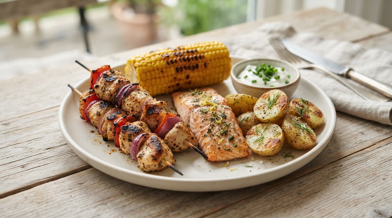 Familiegrill med marinert kylling, uerfilet og nypoteter – slik ser retten ut