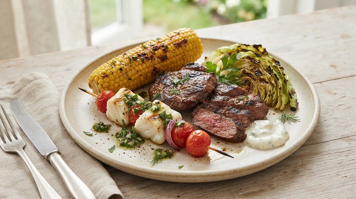 Familiegrill med marinert storfe, torskespyd, augustmais og sommerkål – slik ser retten ut