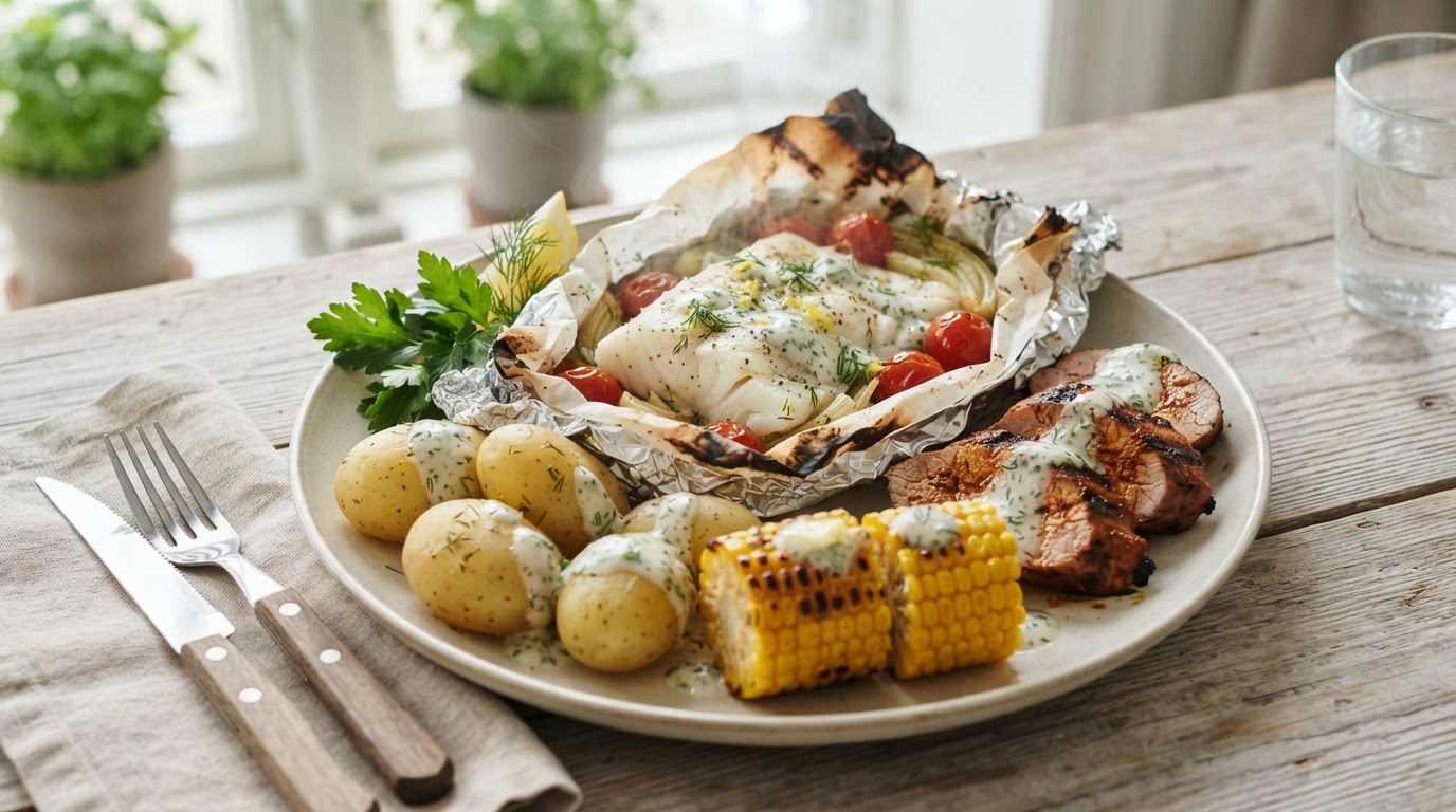 Familiegrill med marinert svinefilet, foliebakt torsk og augustmais – slik ser retten ut