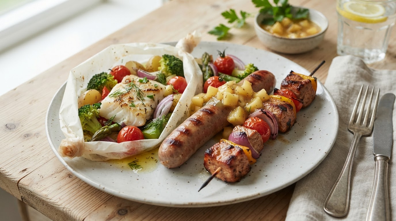 Familiegrill med marinerte svinespyd, kveitepakker og varm eplesmørsaus – slik ser retten ut