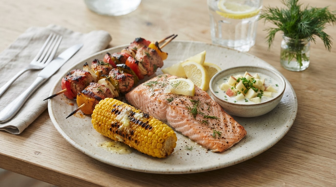 Familiegrill med svinespyd, foliebakt ørret og frisk epledressing