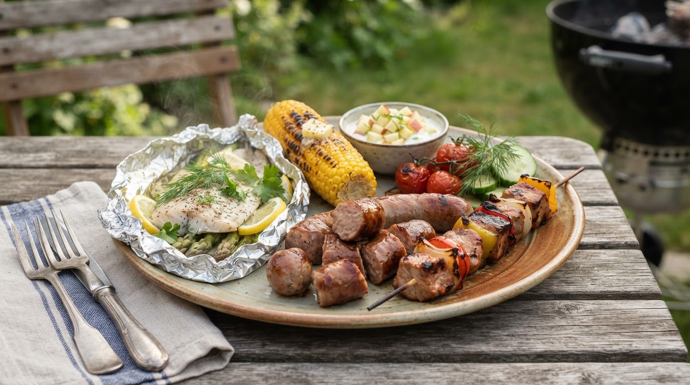 Familiegrill med svinespyd, rødspette i folie og frisk epledressing – slik ser retten ut