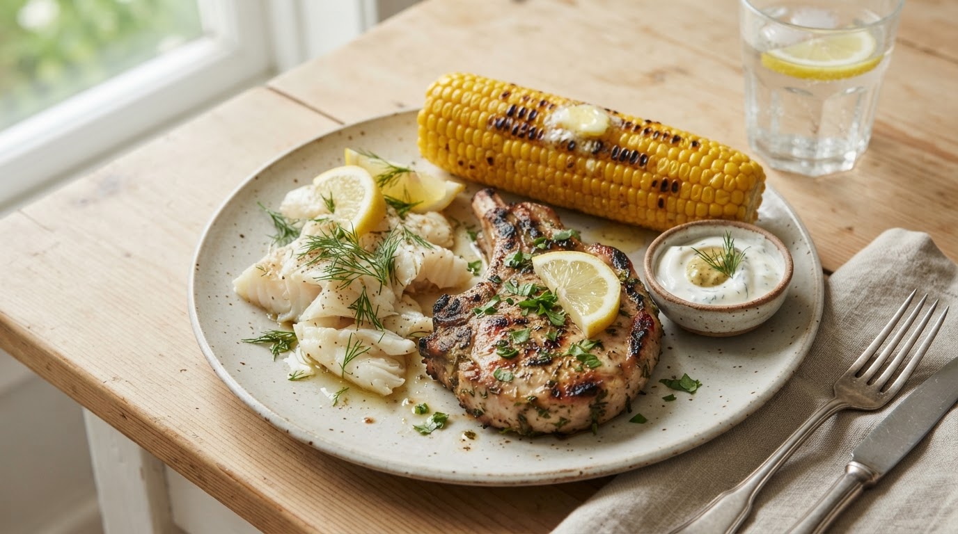 Familiegrill med urtemarinert svinekotelett, foliebakt torsk og augustmais – slik ser retten ut