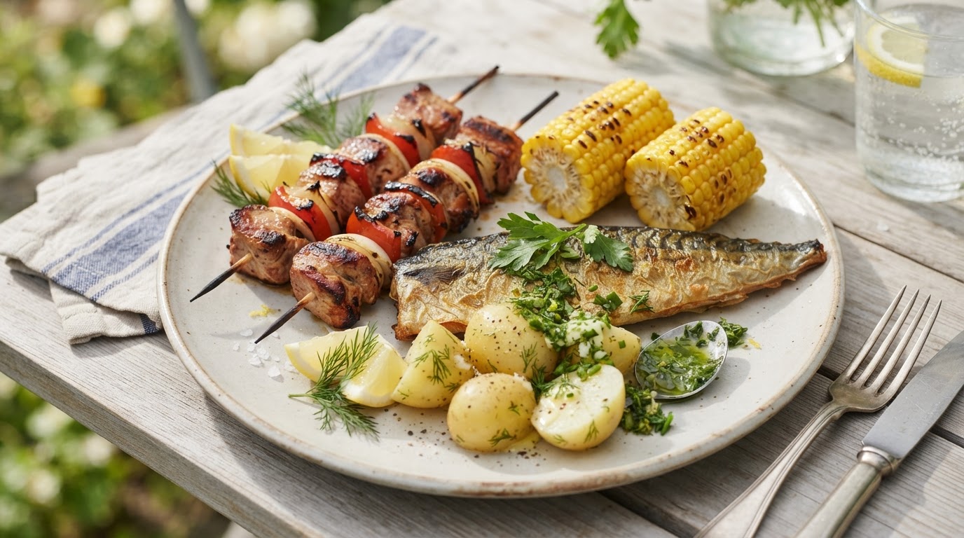 Familien sine grillspyd med svin, sprøstekt makrell og fersk augustmais – slik ser retten ut