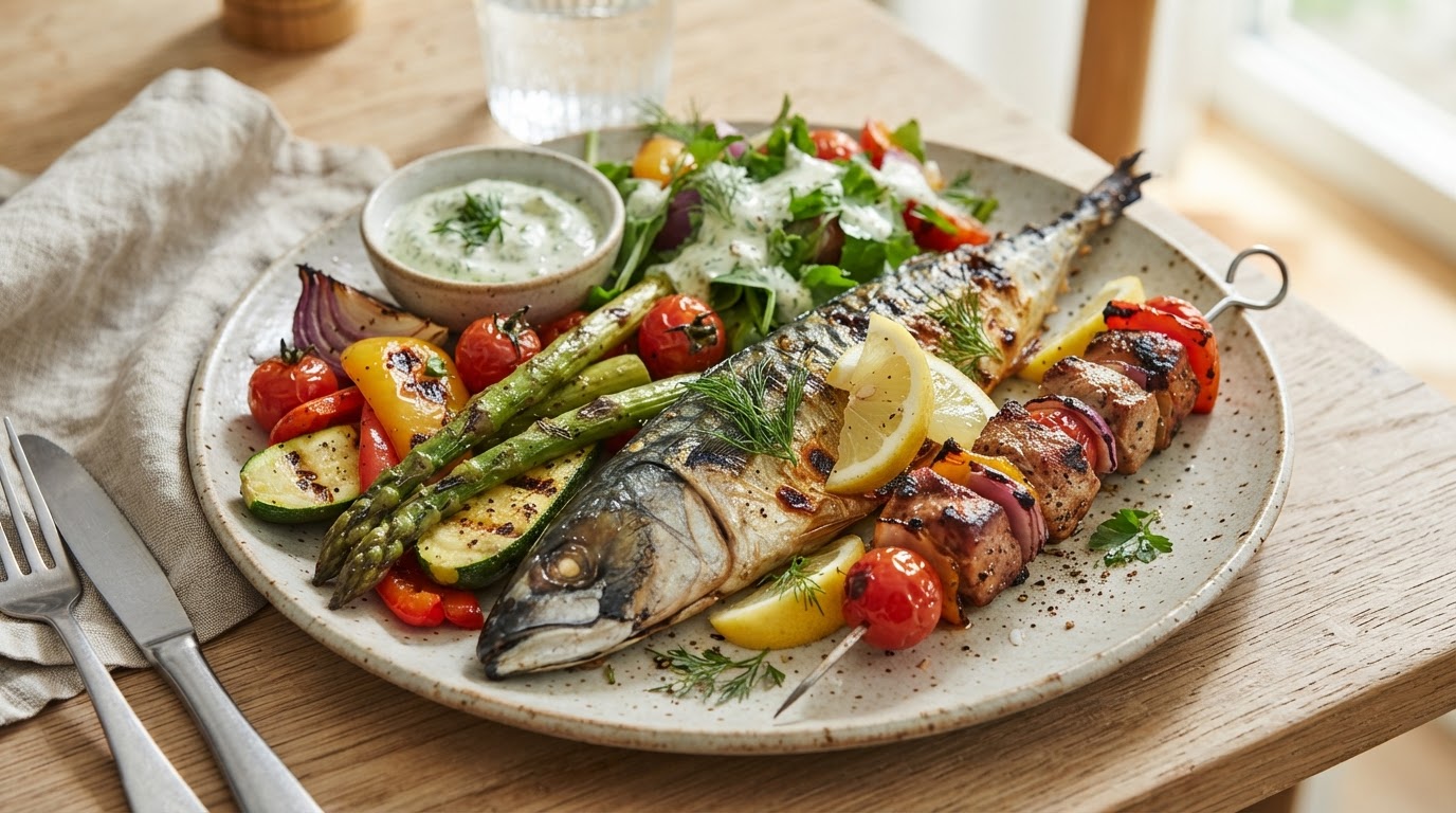 Familiens store grillplate med svinespyd, makrell og ferske augustgrønnsaker – slik ser retten ut