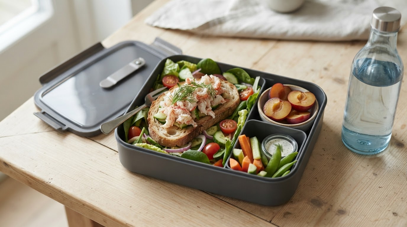 Familievennlig bento-matpakke med krepsehalessalat og augustplommer – illustrasjonsbilde