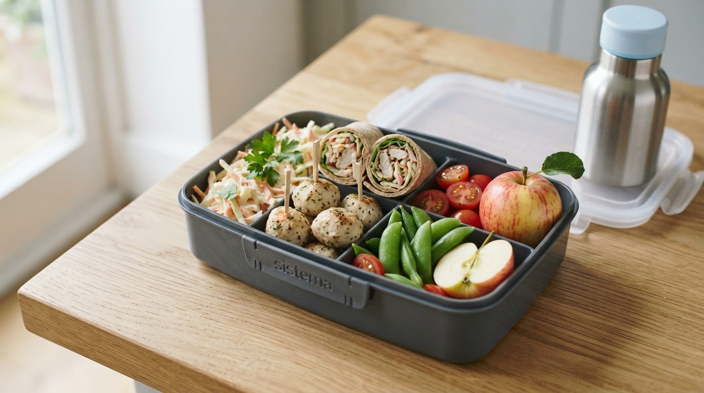 Familievennlig bento-matpakke med kyllingboller, wraps og augustepler – illustrasjonsbilde